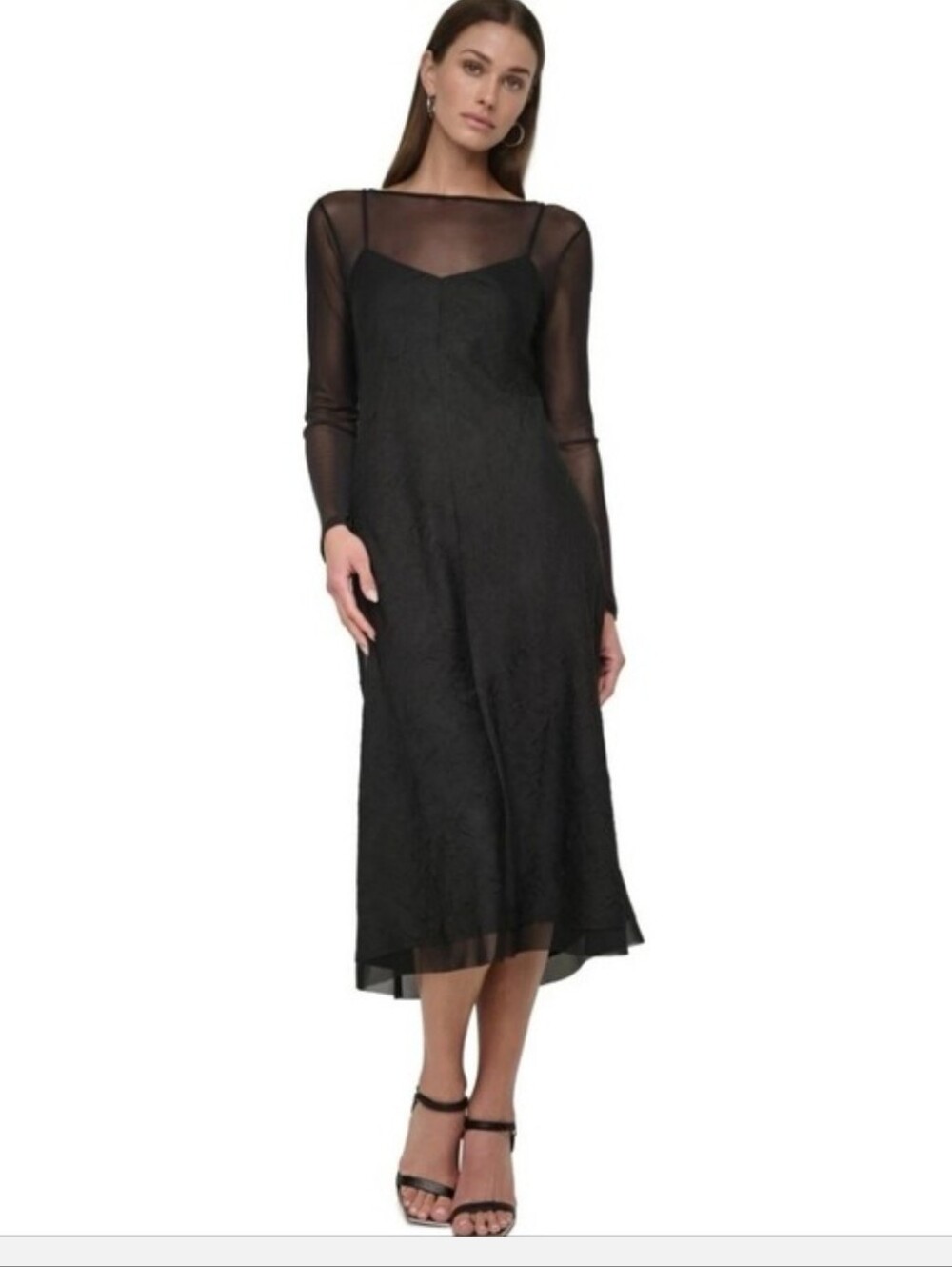 DKNY NWT Black Mesh Overlay Maxi Dress Size 8 $139 Sheer Long Sleeve Gothic